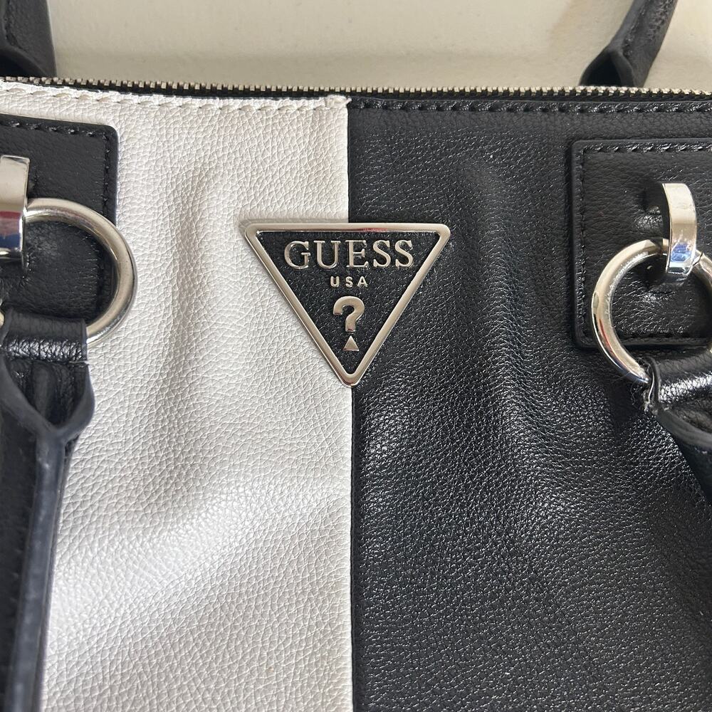 Guess Black White Tote Purse Faux Leather Shoulder Bag 15x11 Two-Tone - Picture 2 of 9